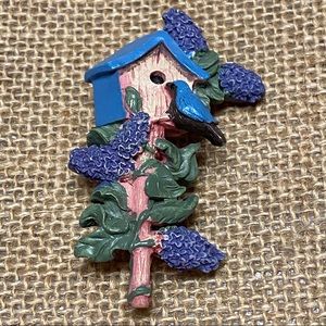 Handmade Blue Jay Birdhouse Bird Hyacinth floral brooch pin